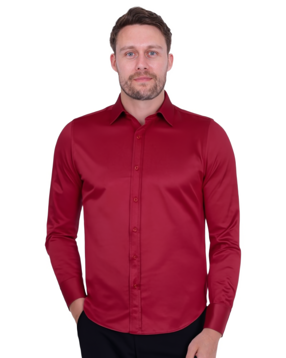 Burgundy Plain Double Cuff Shirt - Classic Tapered Fit  Makrom