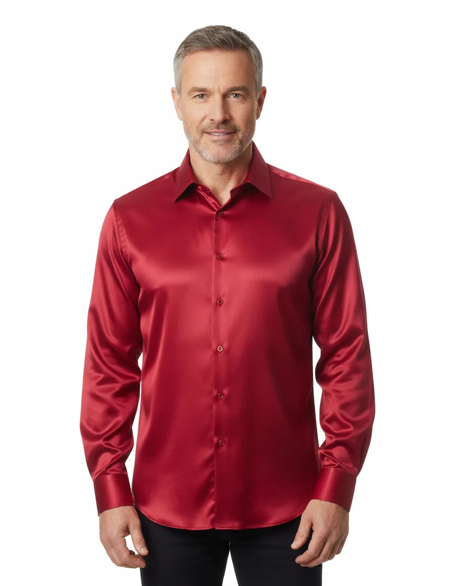 Burgundy Plain Satin Classic Men's Shirt Makrom Burgundy Plain Satin Classic Men's Shirt Makrom