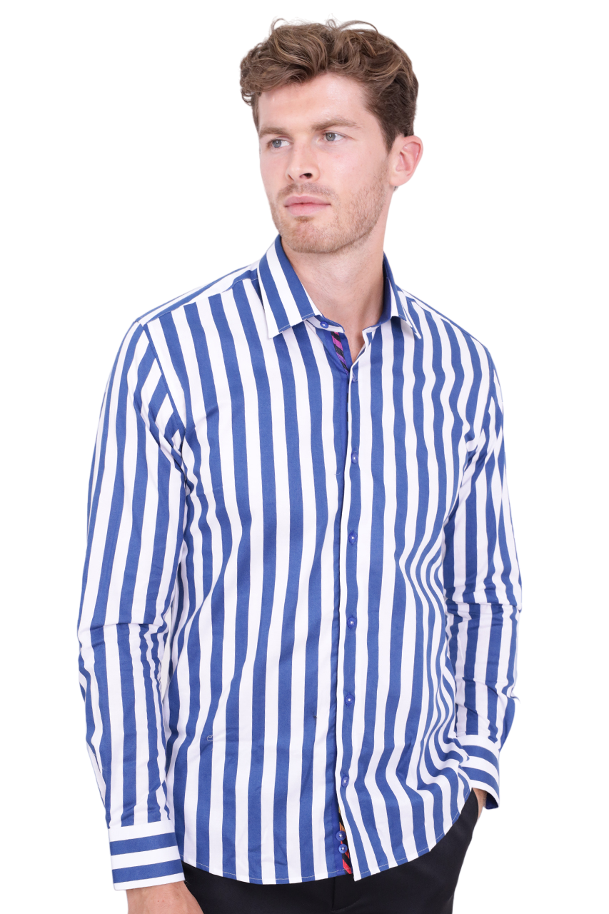 Dark Blue Bold Striped Classic Men's Shirt | Makrom Fashion