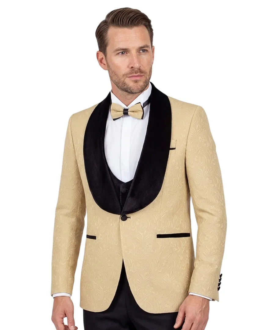 Four Piece Beige & Black Tuxedo Wedding Suit – Makrom