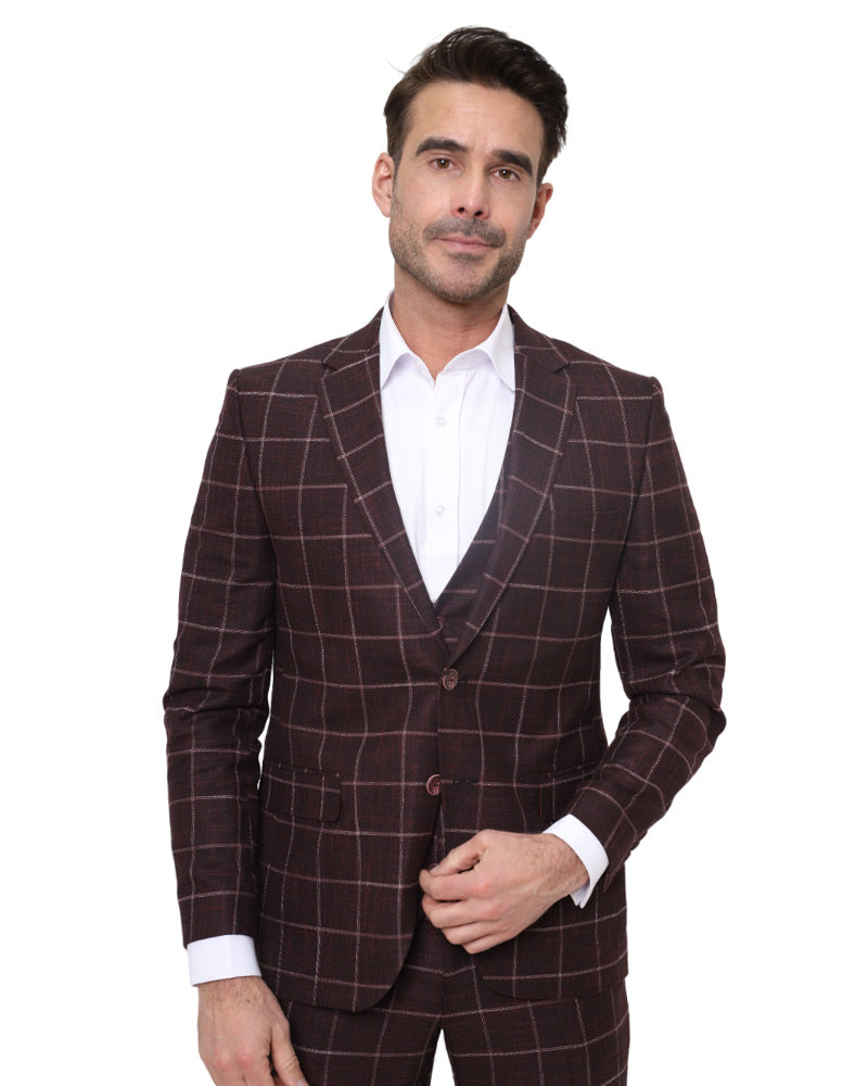 Burgundy 3 Piece Check Suit