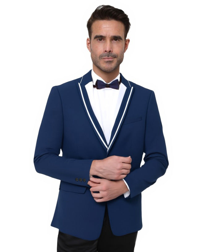 Dark Blue Men's Piece Wedding Suit with Contrasting Lapel – Makrom