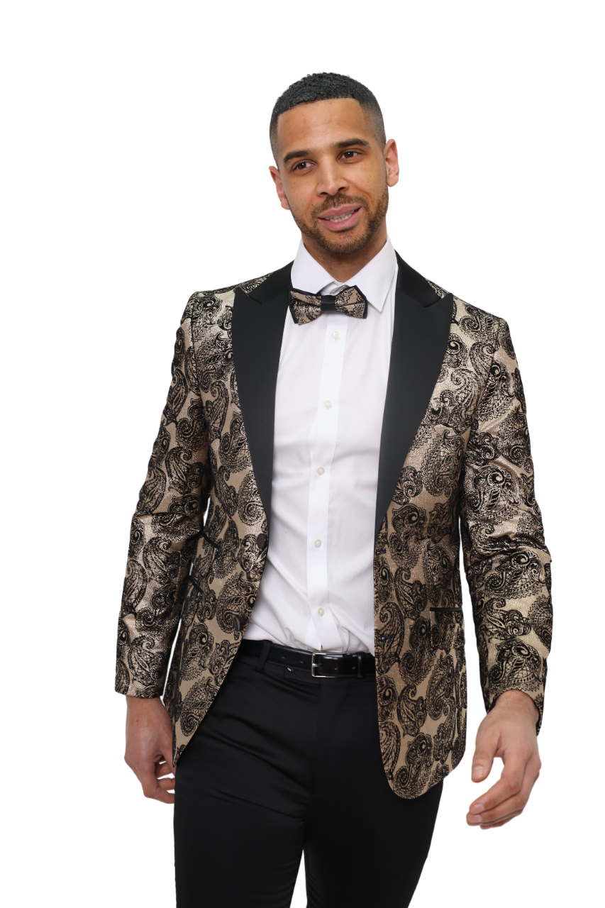 Gold Paisley Contrasting Lapel Blazer Matching Bow Tie