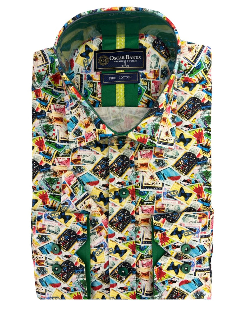 Colourful Stamp Print Satin Cotton Shirt with Matching Handkerchief