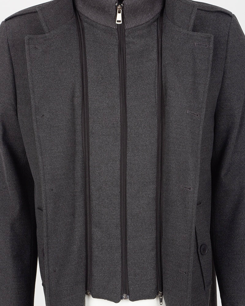 Anthracite Single Breasted Overcoat with Removable Quilted Insert-Makrom