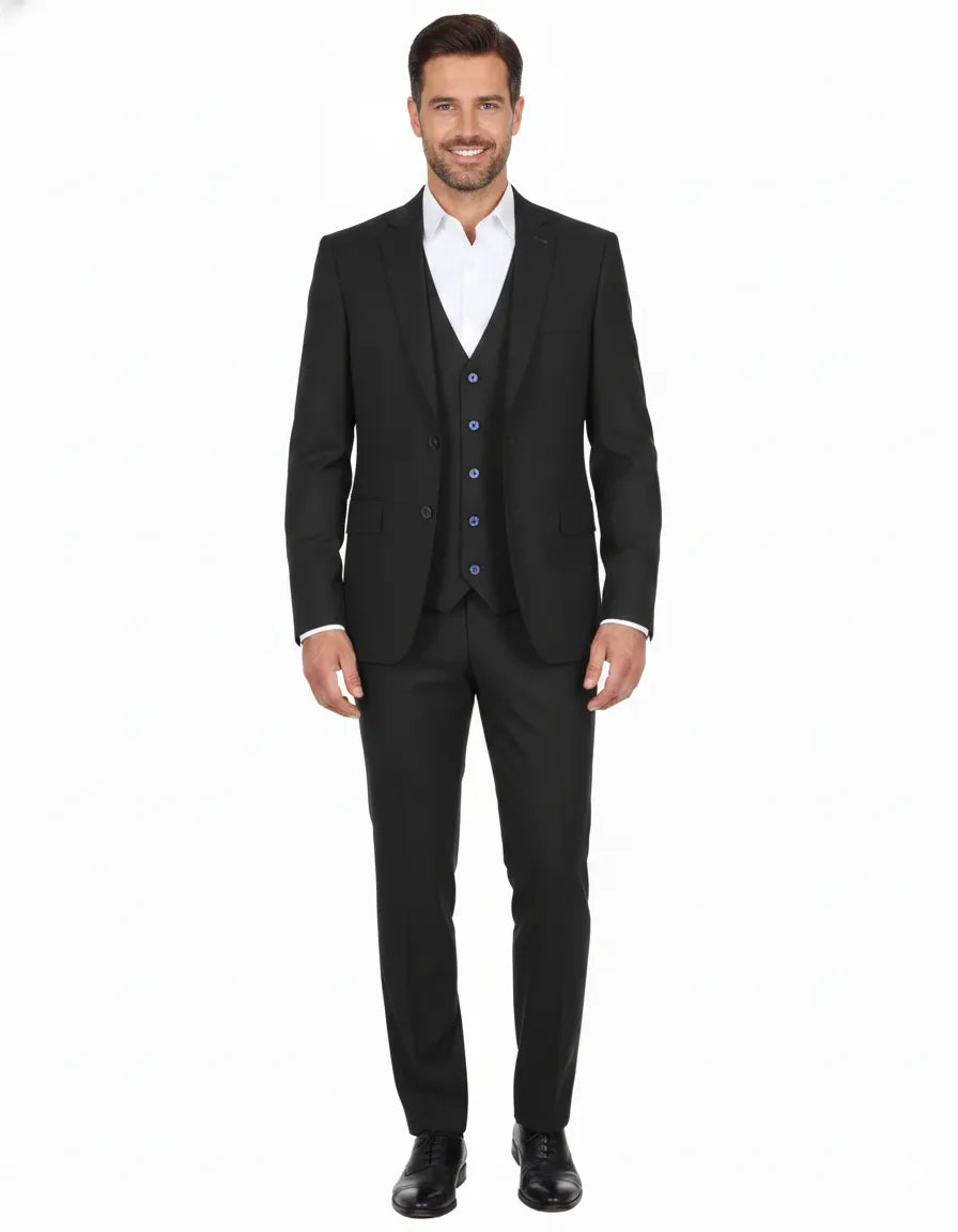 Anthracite Wool Classic Plain 3 Piece Men's Suit-Makrom