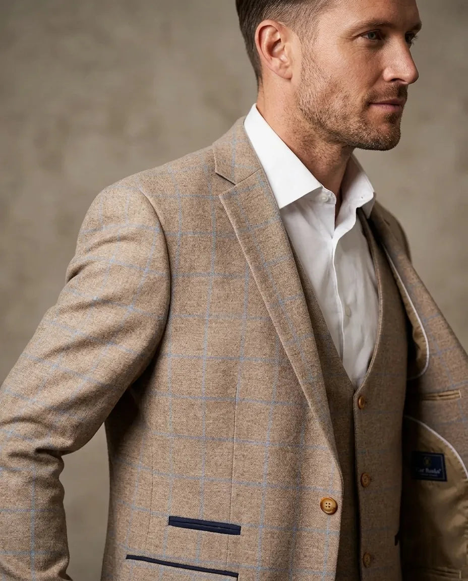 Beige 3 Piece Check Suit
