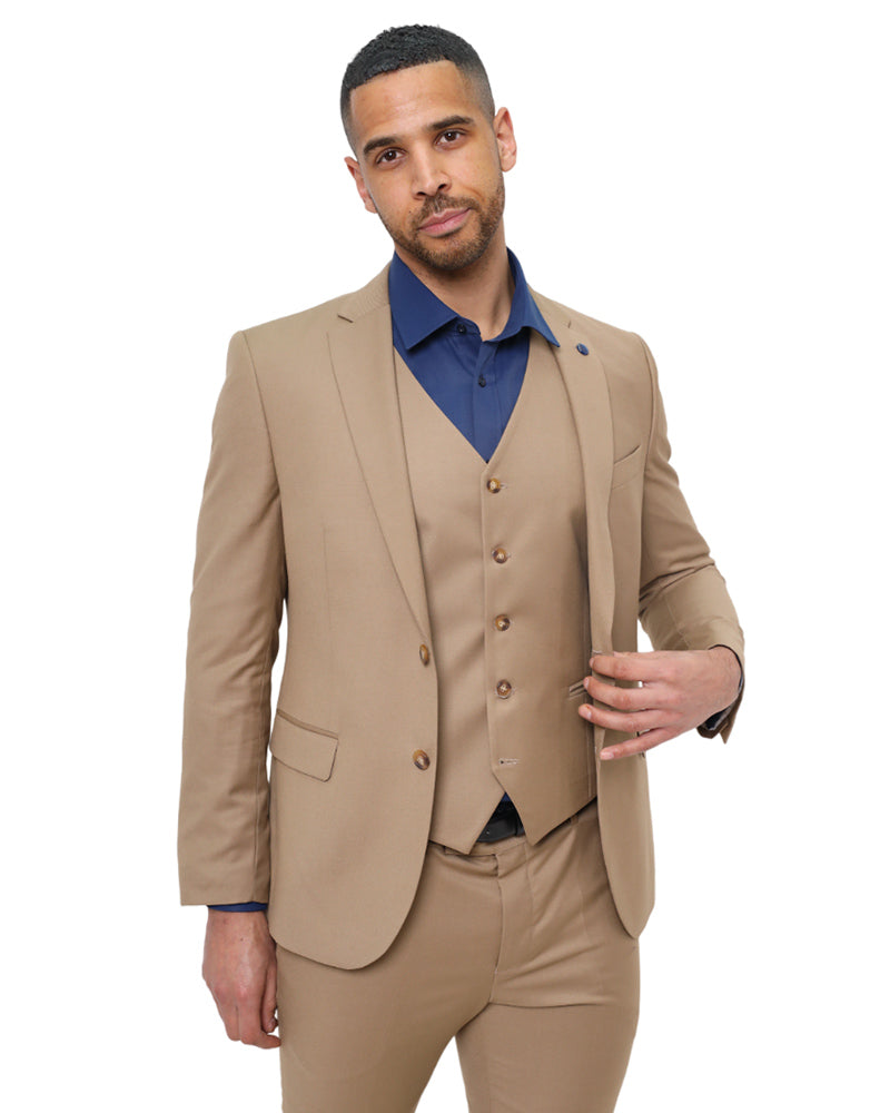 Beige Classic Plain 3 Piece Men's Suit-Makrom