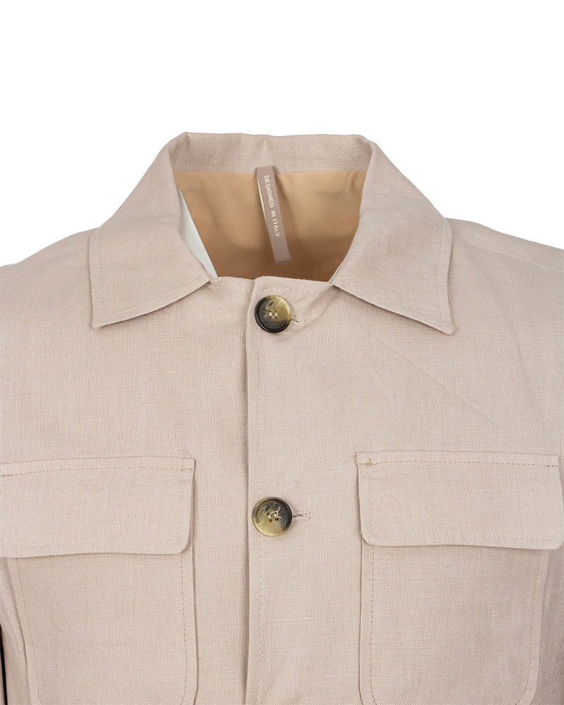 Beige Linen Utility Overshirt-Makrom