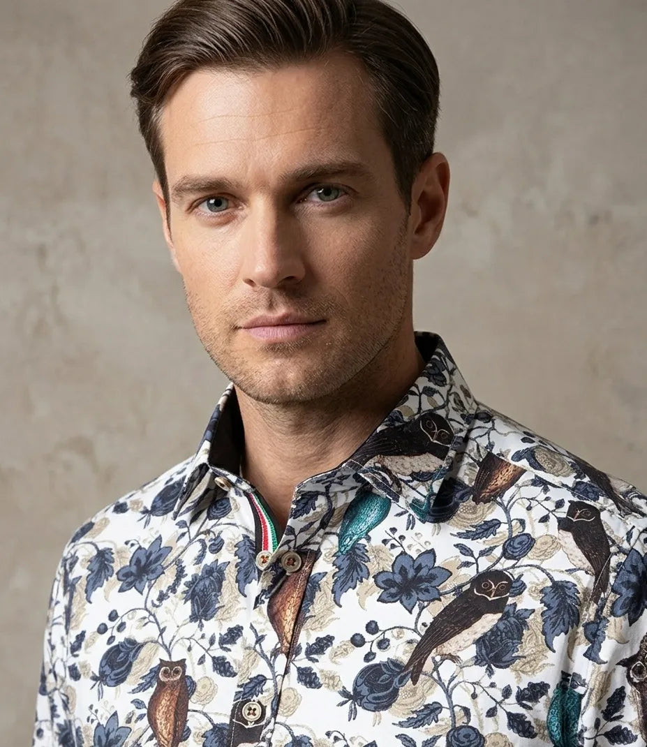 Beige Owl Print Men's Shirt with Matching Handkerchief