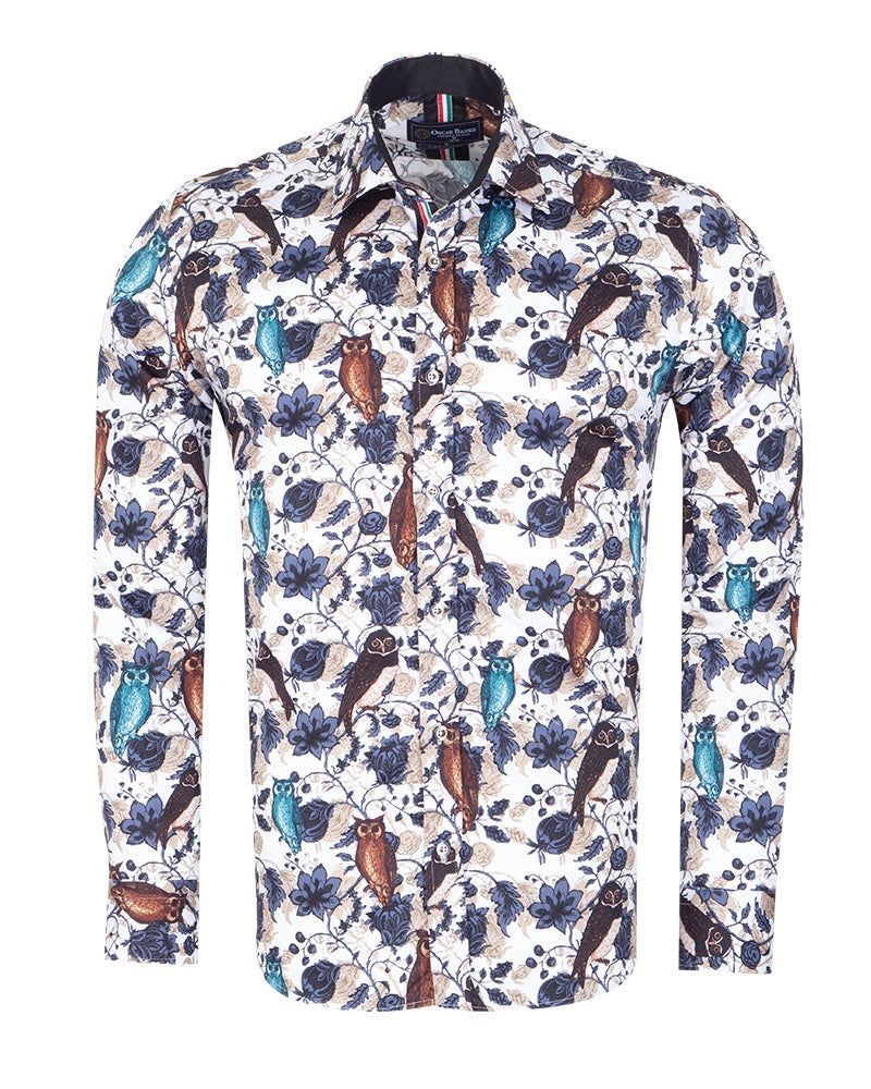 Beige Owl Print Men's Shirt with Matching Handkerchief-Makrom