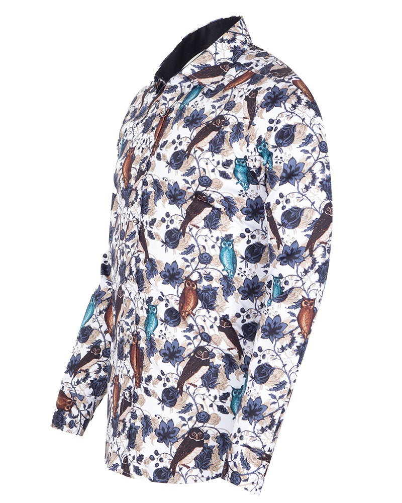 Beige Owl Print Men's Shirt with Matching Handkerchief-Makrom