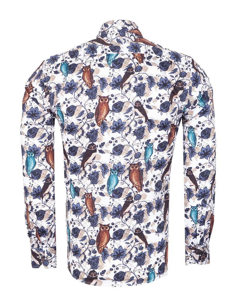 Beige Owl Print Men's Shirt with Matching Handkerchief-Makrom