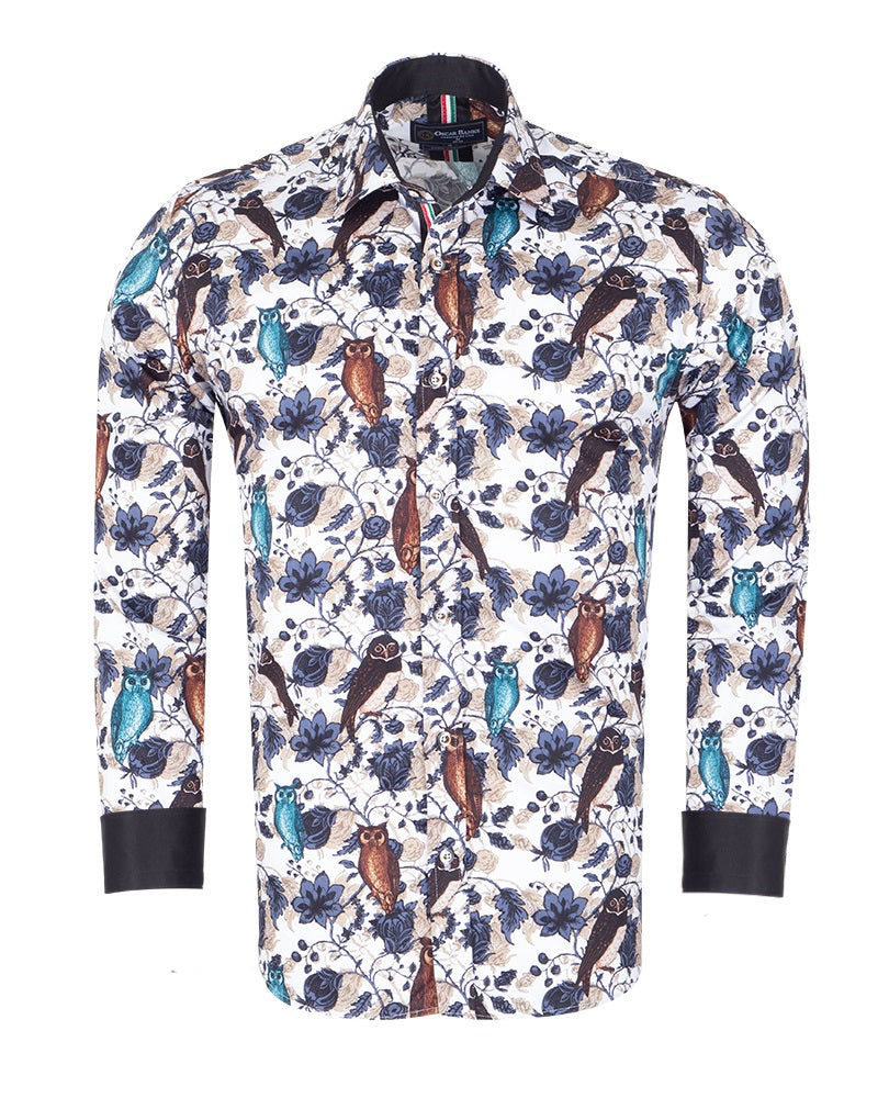 Beige Owl Print Men's Shirt with Matching Handkerchief-Makrom