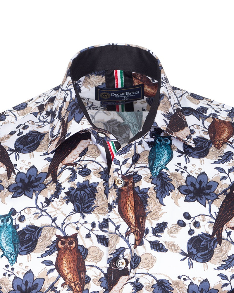 Beige Owl Print Men's Shirt with Matching Handkerchief-Makrom