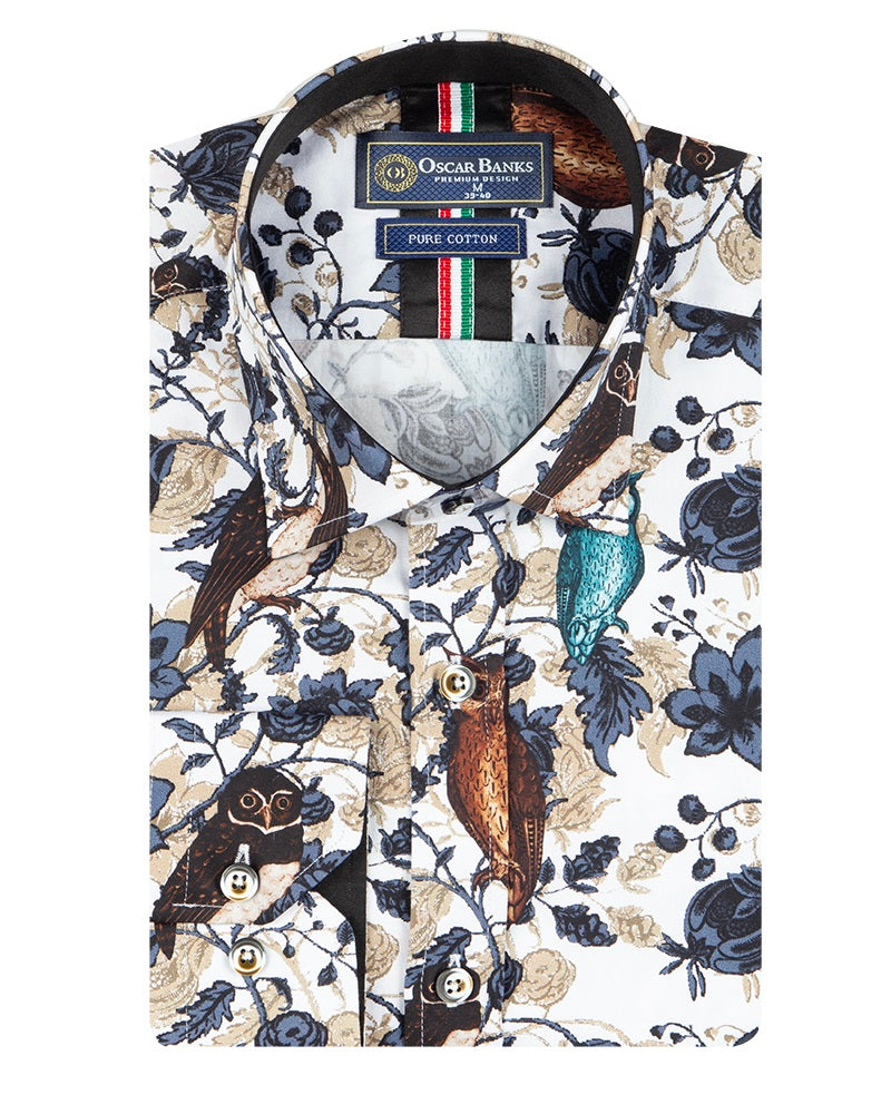 Beige Owl Print Men's Shirt with Matching Handkerchief-Makrom