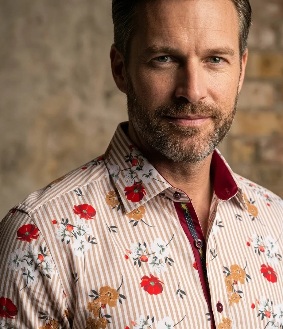 Beige Striped Floral Design Print Shirt