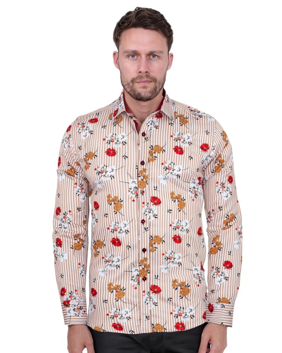 Beige Striped Floral Design Print Shirt-Makrom