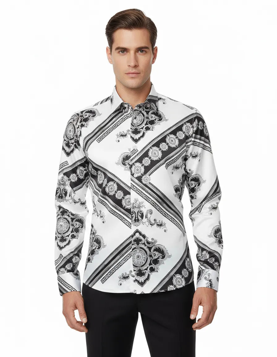 Black Baroque Ornament Satin Men`s Shirt-Makrom