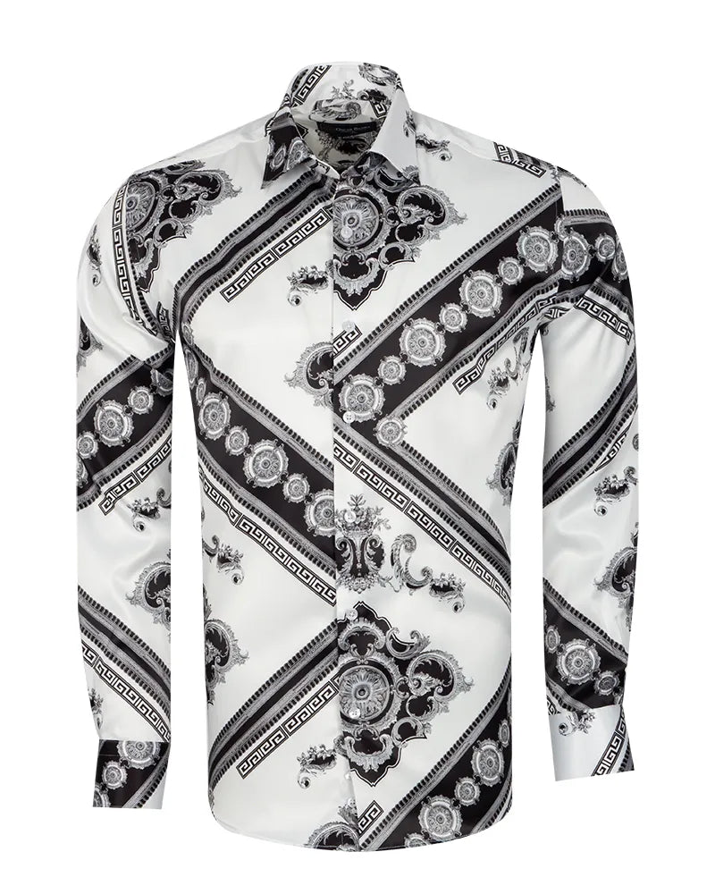 Black Baroque Ornament Satin Men`s Shirt-Makrom