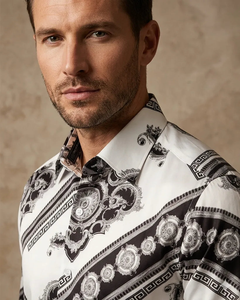 Black Baroque Ornament Satin Men`s Shirt