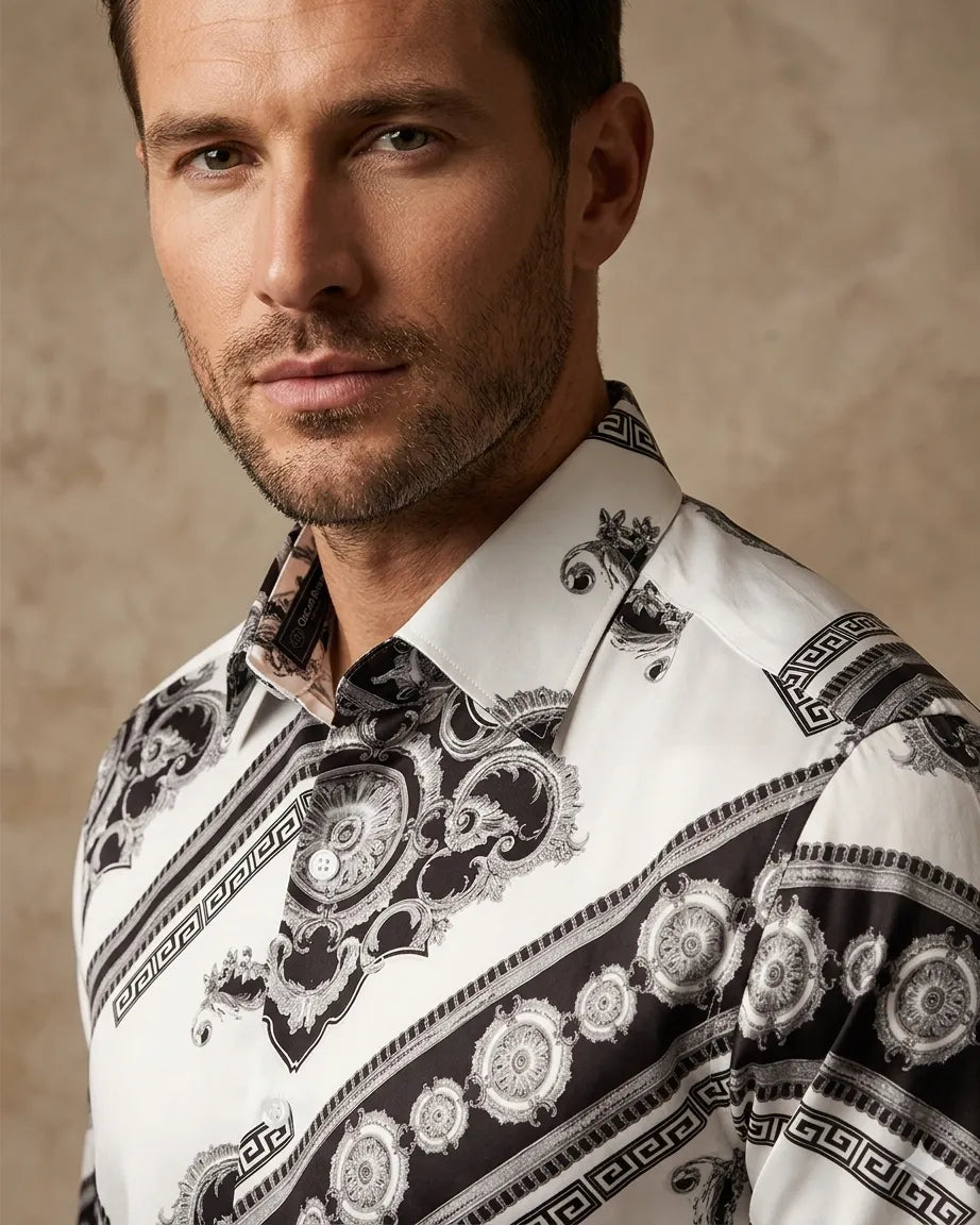 Black Baroque Ornament Satin Men`s Shirt