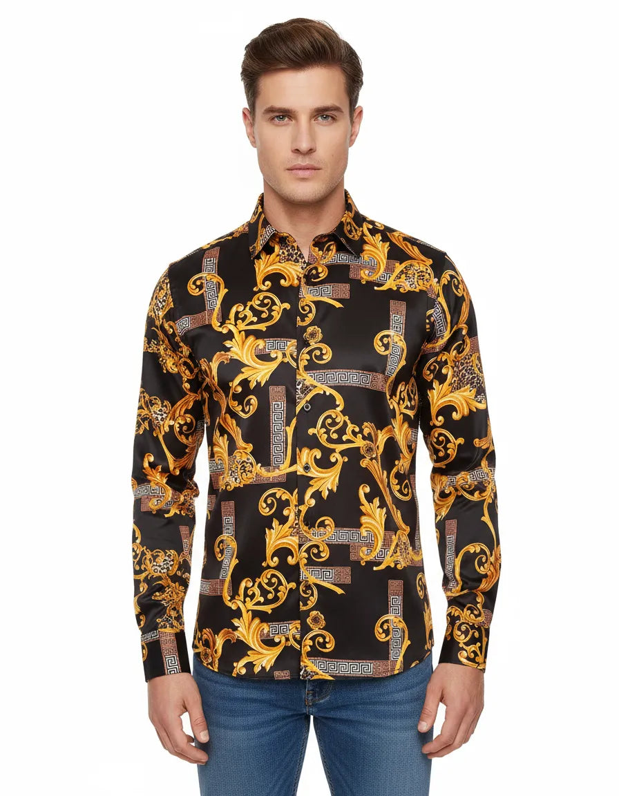Black Baroque Paisley Print Men`s Shirt-Makrom
