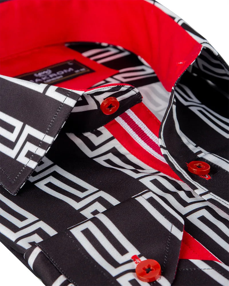 Black Baroque Print Men`s Satin Shirt-Makrom