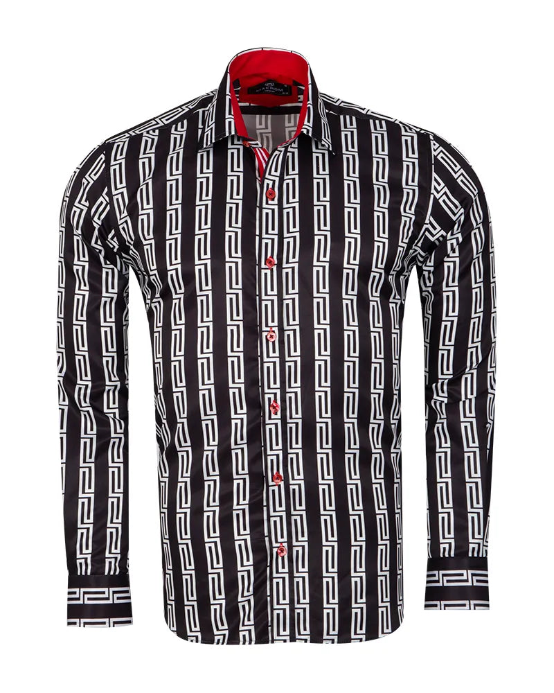 Black Baroque Print Men`s Satin Shirt-Makrom