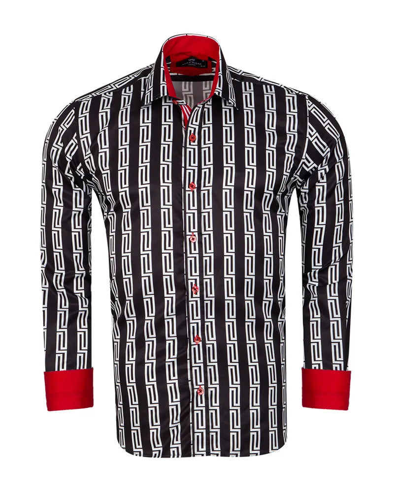 Black Baroque Print Men`s Satin Shirt-Makrom