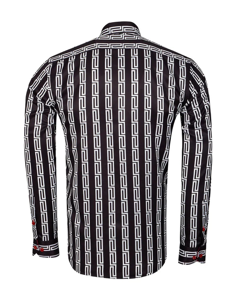 Black Baroque Print Men`s Satin Shirt-Makrom
