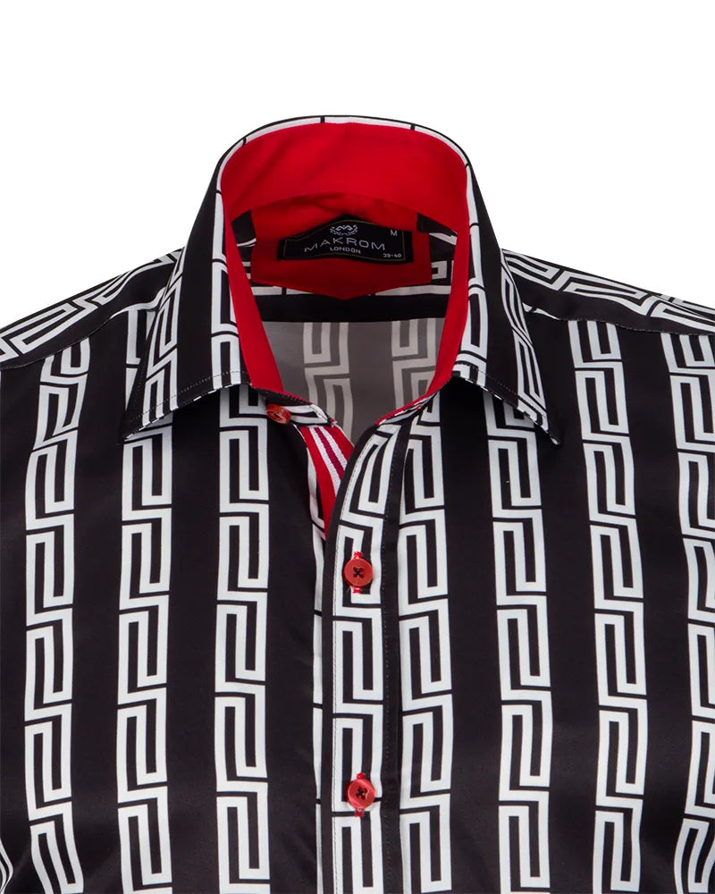 Black Baroque Print Men`s Satin Shirt-Makrom