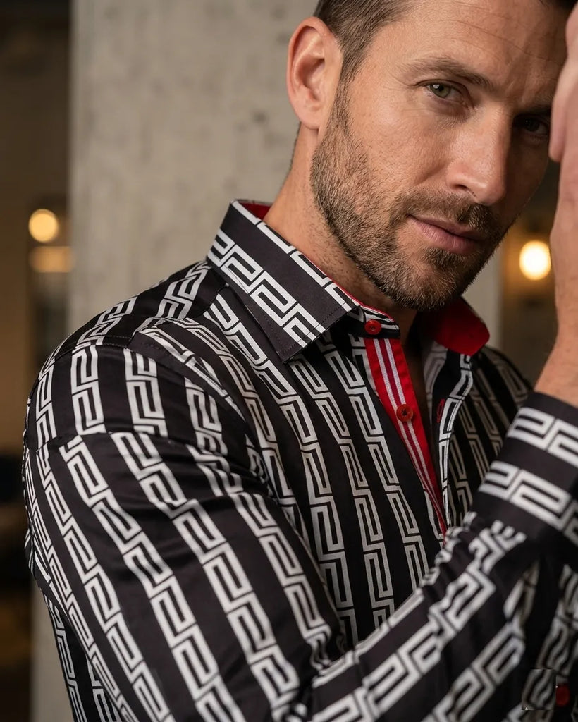 Black Baroque Print Men`s Satin Shirt