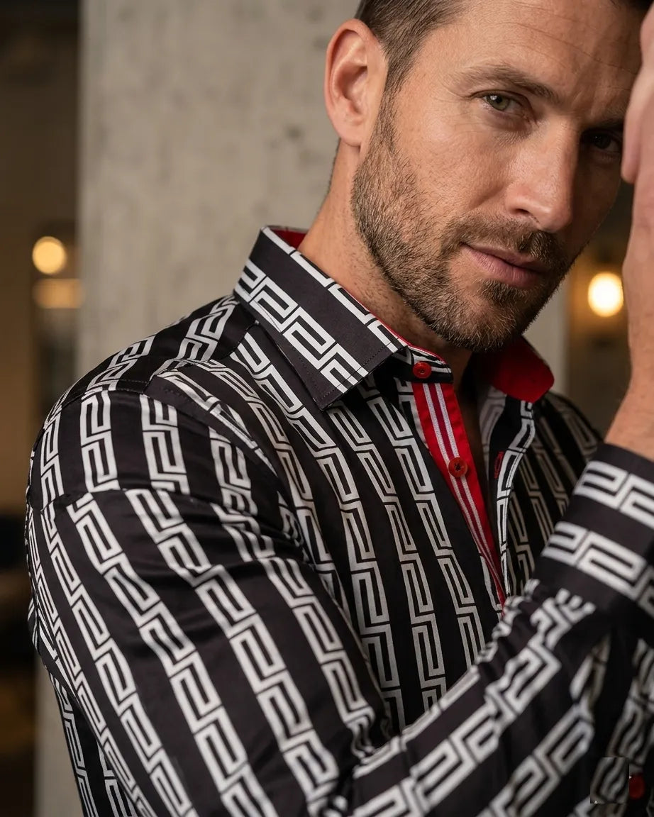 Black Baroque Print Men`s Satin Shirt