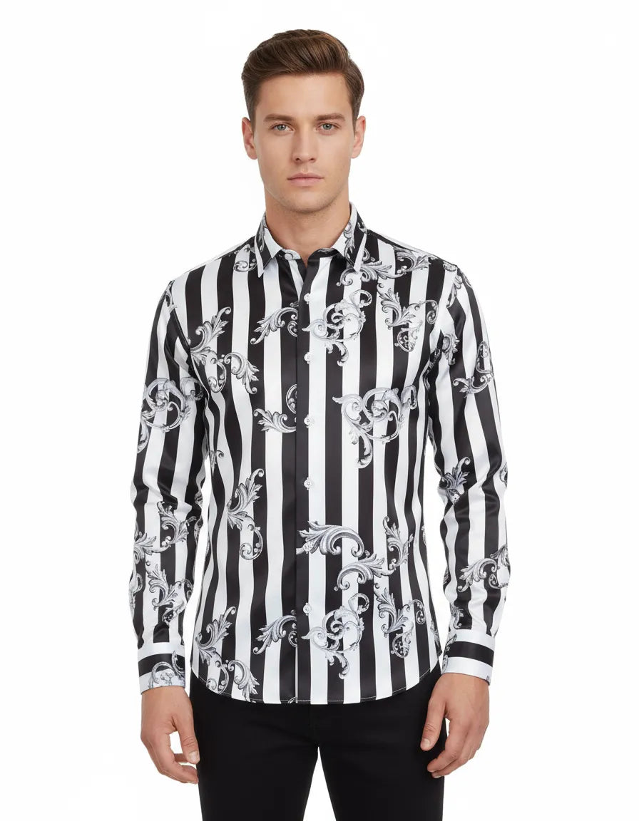 Black Baroque Stripe Paisley Print Men`s Shirt-Makrom
