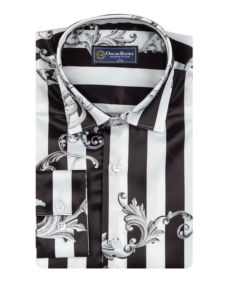 Black Baroque Stripe Paisley Print Men`s Shirt-Makrom