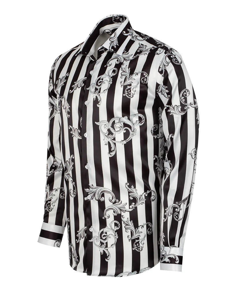 Black Baroque Stripe Paisley Print Men`s Shirt-Makrom