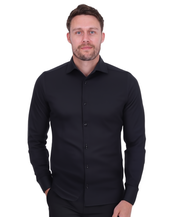 Black Casual Twill Double Cuff Long Sleeve Shirt-Makrom