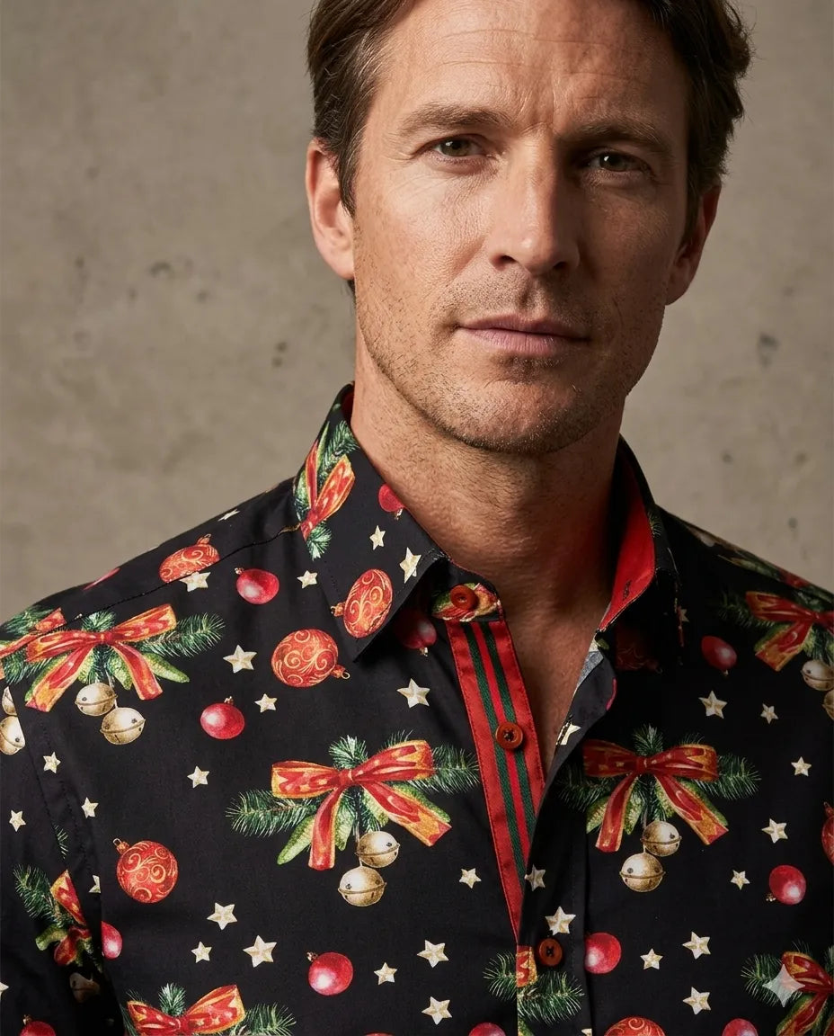 Black Christmas Print Men's Shirt with Matching Handkerchief
