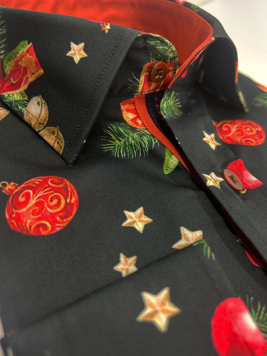 Black Christmas Print Men's Shirt with Matching Handkerchief-Makrom