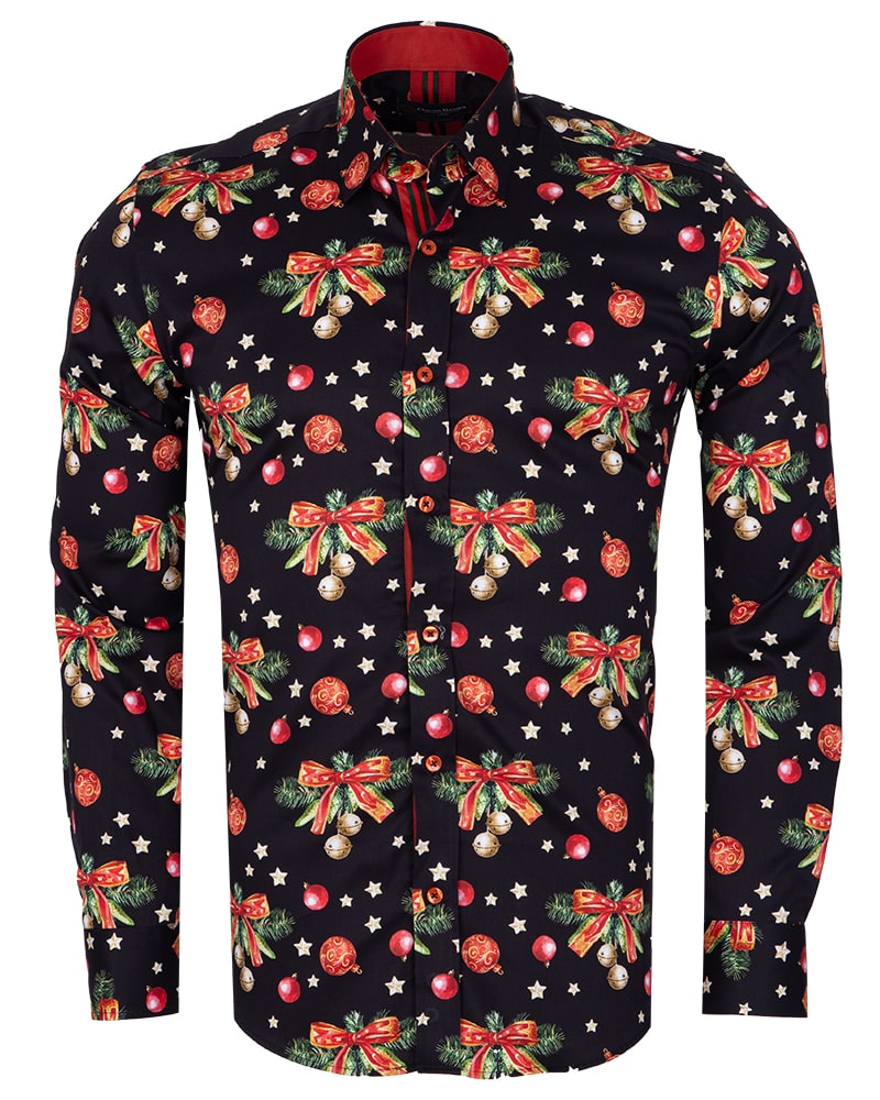 Black Christmas Print Men's Shirt with Matching Handkerchief-Makrom