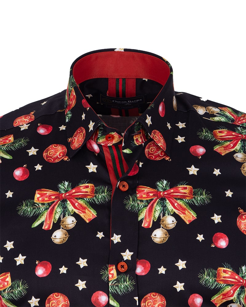 Black Christmas Print Men's Shirt with Matching Handkerchief-Makrom