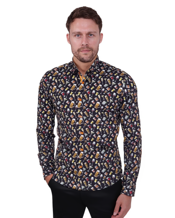 Black Cocktail Print Shirt with Matching Handkerchief-Makrom
