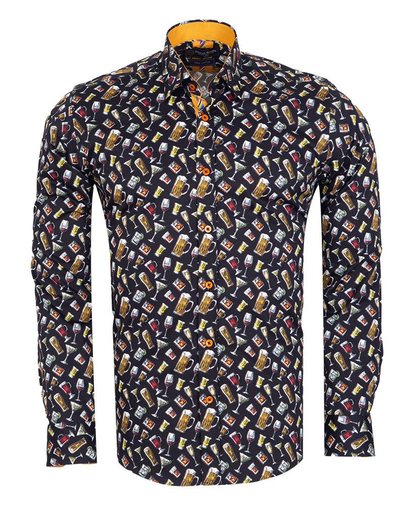 Black Cocktail Print Shirt with Matching Handkerchief-Makrom