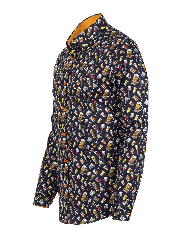 Black Cocktail Print Shirt with Matching Handkerchief-Makrom
