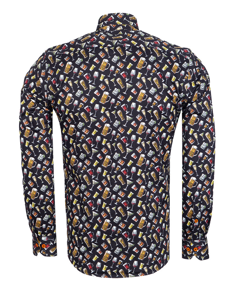 Black Cocktail Print Shirt with Matching Handkerchief-Makrom