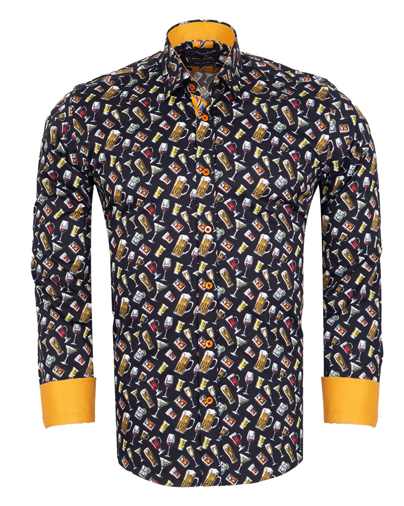 Black Cocktail Print Shirt with Matching Handkerchief-Makrom