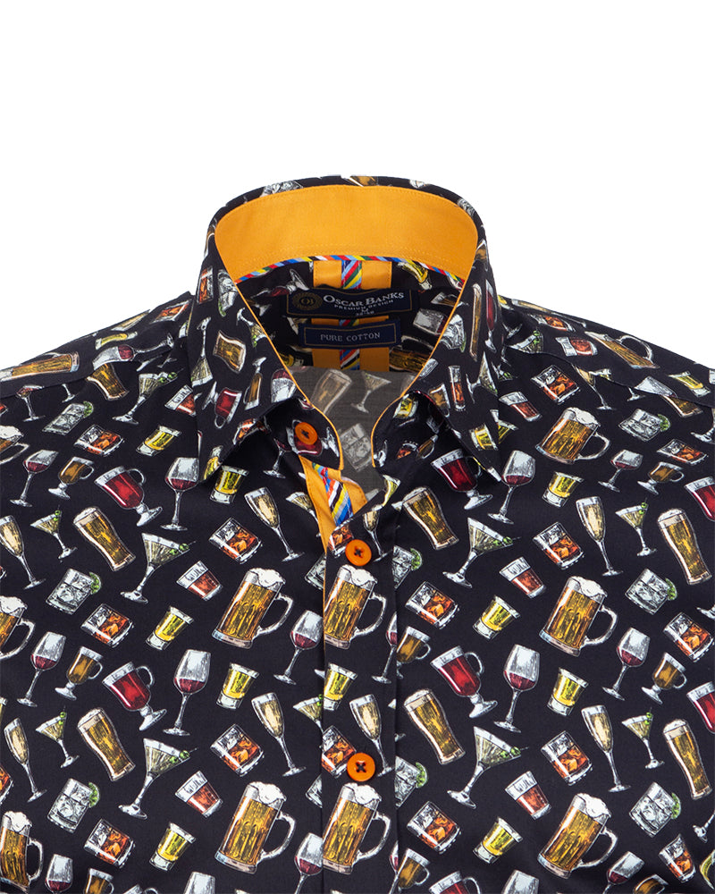 Black Cocktail Print Shirt with Matching Handkerchief-Makrom