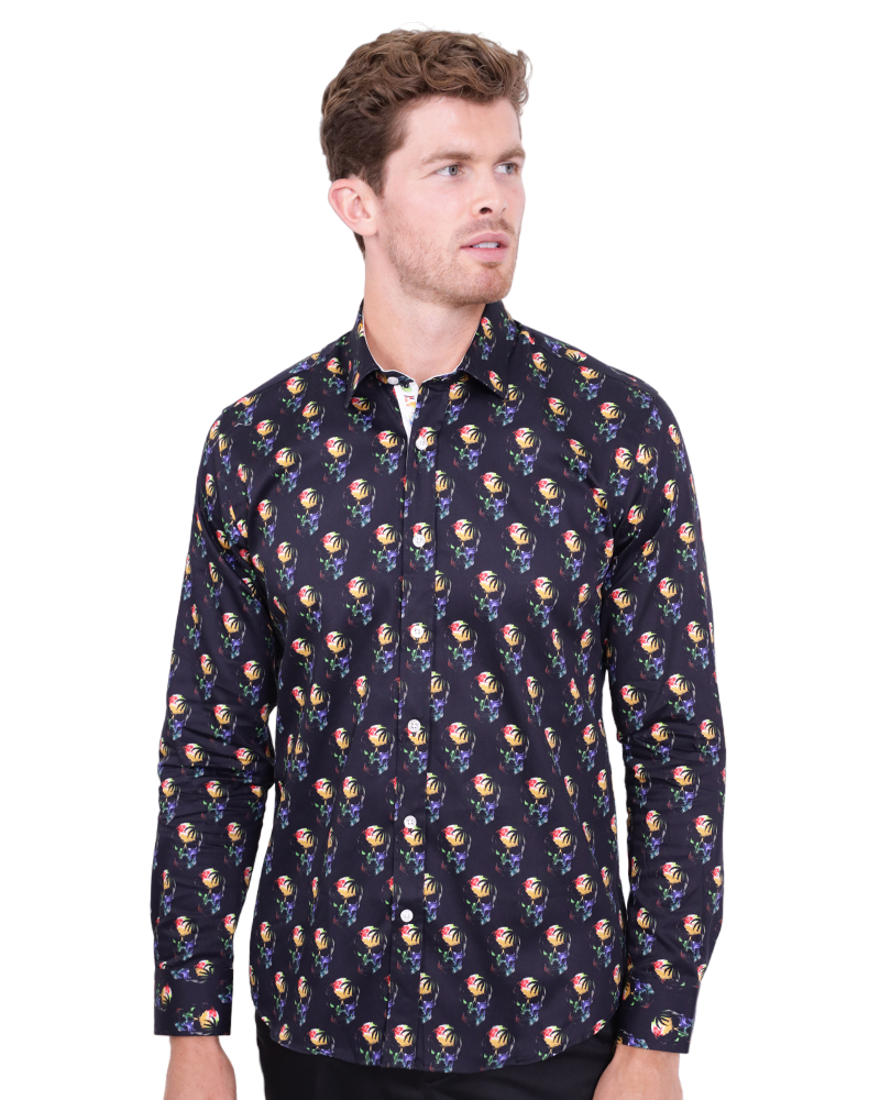 Black Colourful Skull Print Shirt with Matching Handkerchief-Makrom