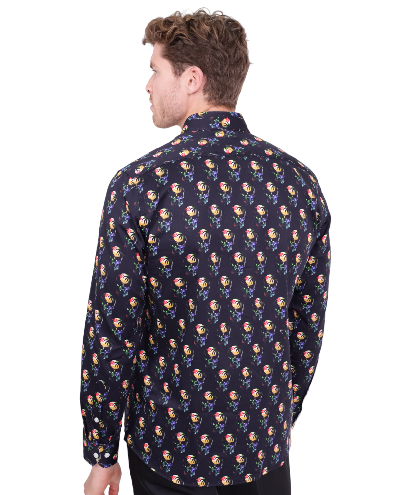 Black Colourful Skull Print Shirt with Matching Handkerchief-Makrom